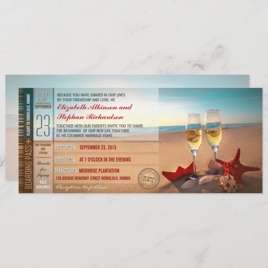Boarding Pass Tickets Modern Beach Bruiloft Kaart (Voorkant / Achterkant)