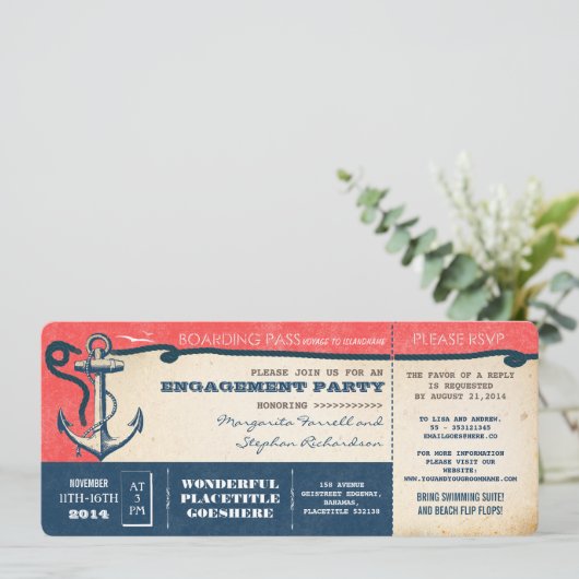 boarding pass-tickets voor verlovingsfeest met RSV Kaart (Staand voorkant)