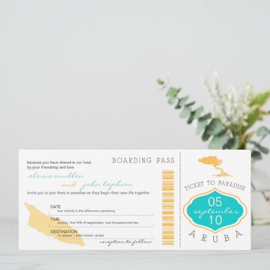 Boarding Pass to Aruba Wedding Invitation Kaart (Staand voorkant)