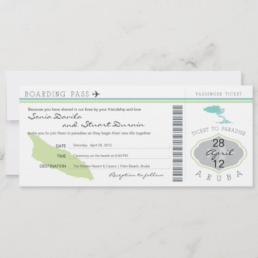 Boarding Pass to Aruba Wedding Invitation Kaart (Voorkant)