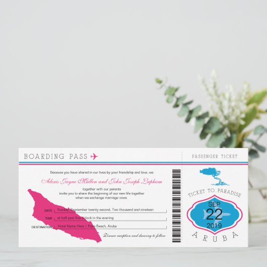 Boarding Pass to Aruba Wedding Invitation Kaart (Staand voorkant)