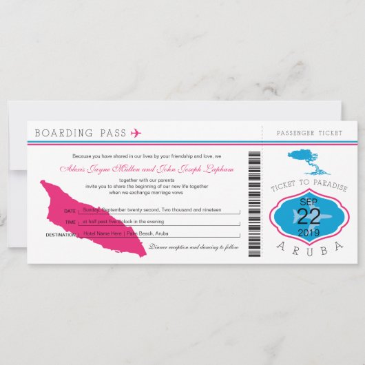 Boarding Pass to Aruba Wedding Invitation Kaart (Voorkant)