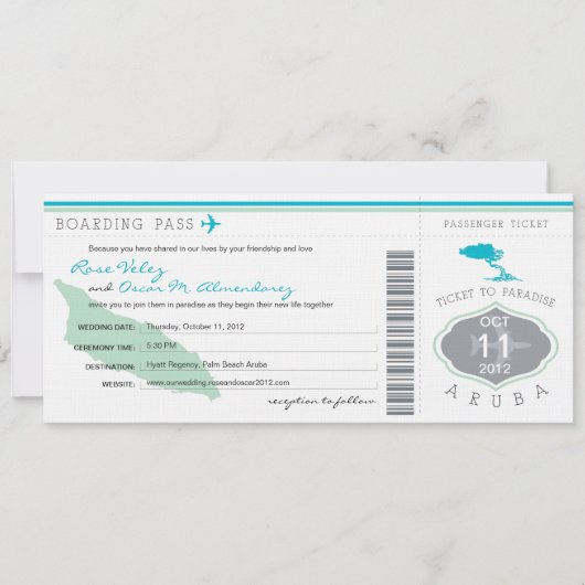 Boarding Pass to Aruba Wedding Invitation Kaart (Voorkant)