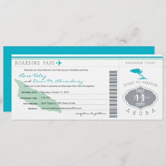 Boarding Pass to Aruba Wedding Invitation Kaart (Voorkant / Achterkant)