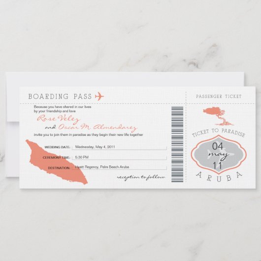 Boarding Pass to Aruba Wedding Invitation Kaart (Voorkant)
