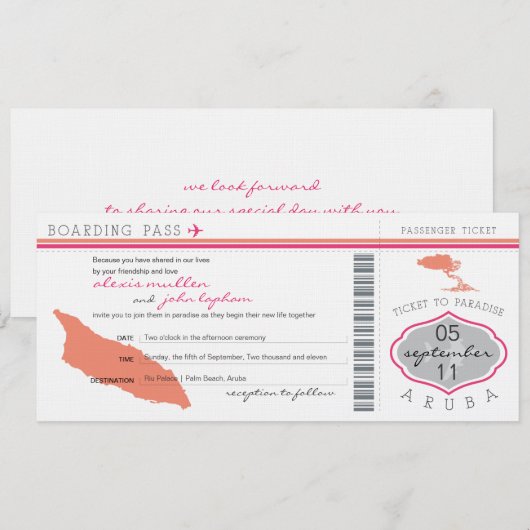 Boarding Pass to Aruba Wedding Invitation Kaart (Voorkant / Achterkant)