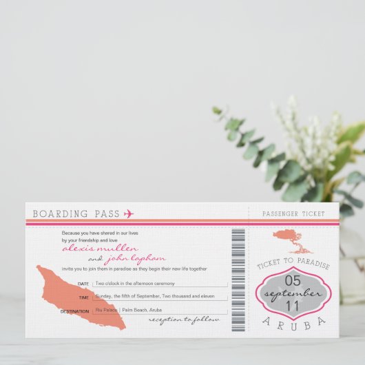 Boarding Pass to Aruba Wedding Invitation Kaart (Staand voorkant)