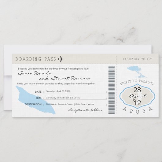 Boarding Pass to Aruba Wedding Invitation Kaart (Voorkant)