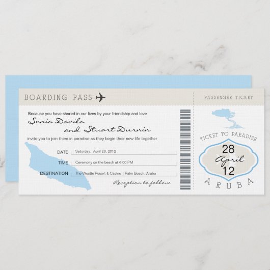 Boarding Pass to Aruba Wedding Invitation Kaart (Voorkant / Achterkant)