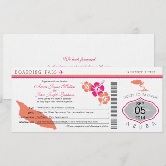 Boarding Pass to Aruba Wedding Invitation Kaart (Voorkant / Achterkant)