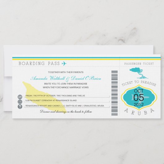 Boarding Pass to Aruba Wedding Invitation Kaart (Voorkant)