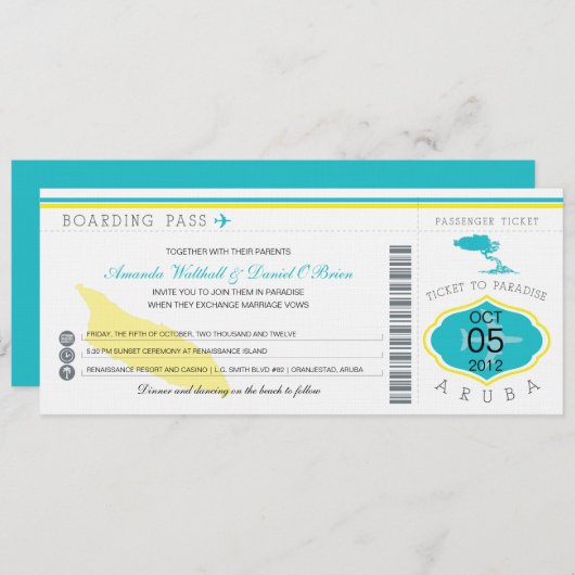 Boarding Pass to Aruba Wedding Invitation Kaart (Voorkant / Achterkant)