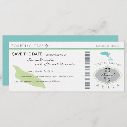 Boarding Pass to Aruba Wedding Invitation Save The Date (Voorkant / Achterkant)