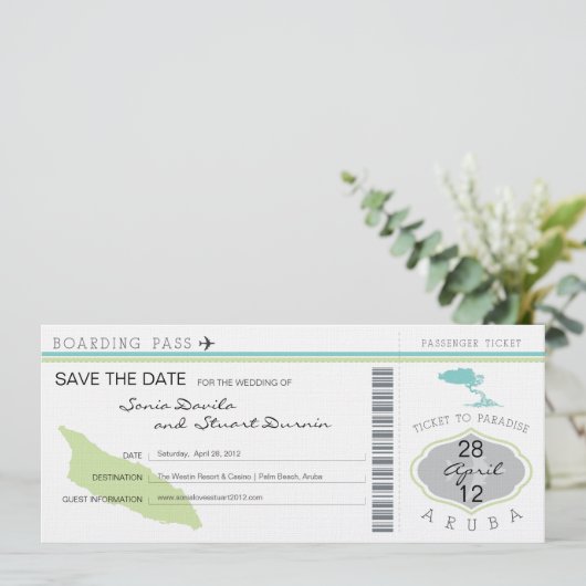 Boarding Pass to Aruba Wedding Invitation Save The Date (Staand voorkant)