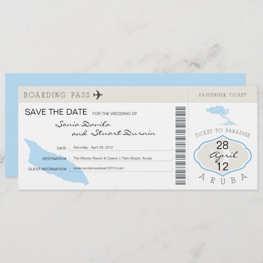 Boarding Pass to Aruba Wedding Invitation Save The Date (Voorkant / Achterkant)