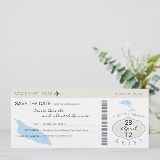 Boarding Pass to Aruba Wedding Invitation Save The Date (Staand voorkant)