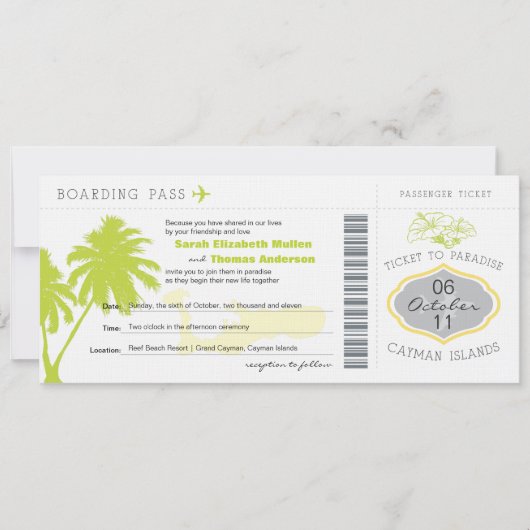 Boarding Pass to Cayman Islands Wedding Invitation Kaart (Voorkant)