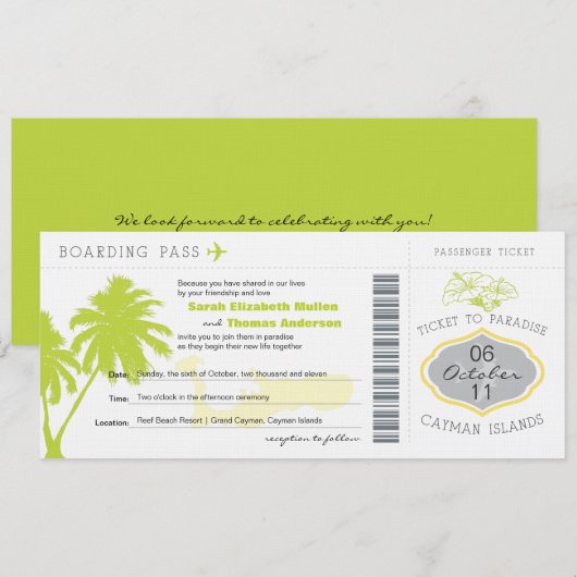 Boarding Pass to Cayman Islands Wedding Invitation Kaart (Voorkant / Achterkant)