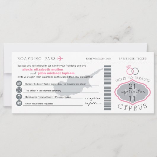 Boarding Pass to Cyprus Wedding Invitation Kaart (Voorkant)