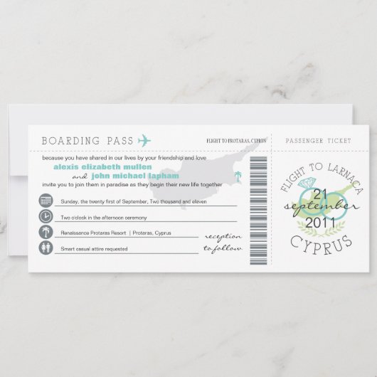 Boarding Pass to Cyprus Wedding Invitation Kaart (Voorkant)