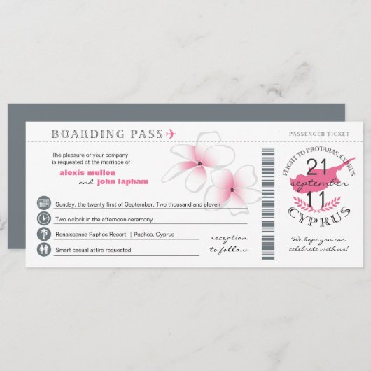 Boarding Pass to Cyprus Wedding Invitation Kaart (Voorkant / Achterkant)