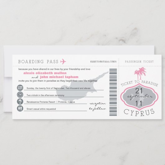 Boarding Pass to Cyprus Wedding Invitation Kaart (Voorkant)