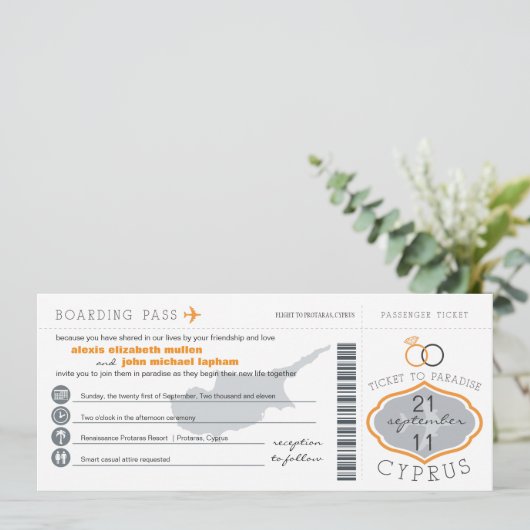 Boarding Pass to Cyprus Wedding Invitation Kaart (Staand voorkant)