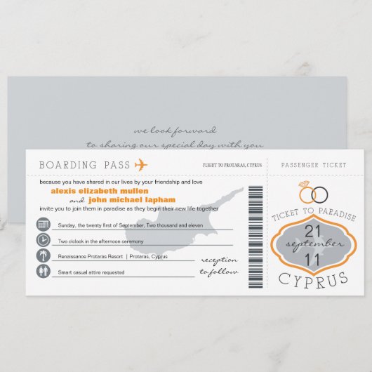 Boarding Pass to Cyprus Wedding Invitation Kaart (Voorkant / Achterkant)