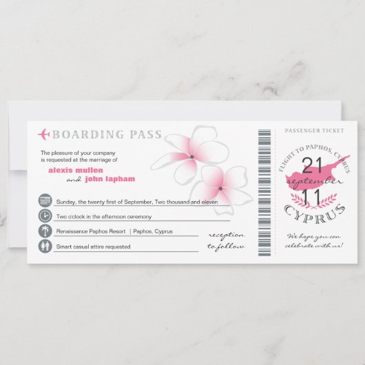 Boarding Pass to Cyprus Wedding Invitation Kaart (Voorkant)