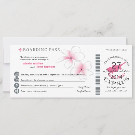 Boarding Pass to Cyprus Wedding Invitation Kaart (Voorkant)