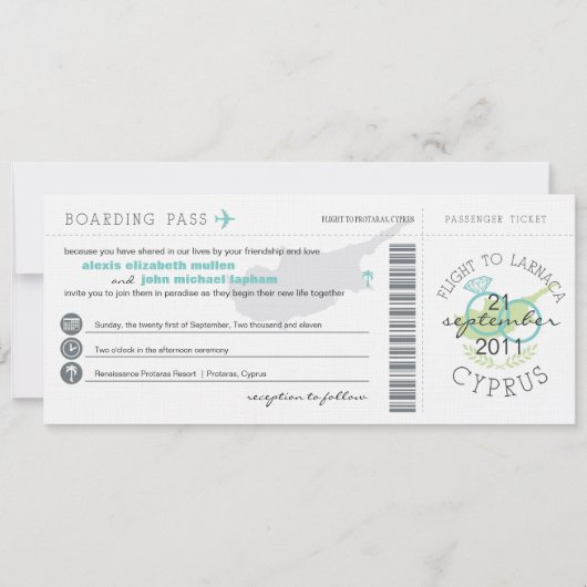 Boarding Pass to Cyprus Wedding Invitation Kaart (Voorkant)
