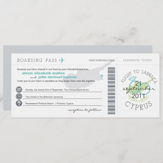 Boarding Pass to Cyprus Wedding Invitation Kaart (Voorkant / Achterkant)