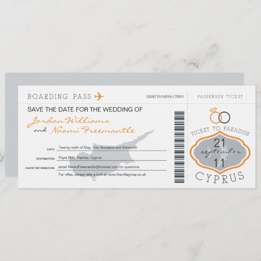 Boarding Pass to Cyprus Wedding Invitation Save The Date (Voorkant / Achterkant)
