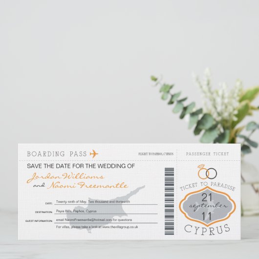 Boarding Pass to Cyprus Wedding Invitation Save The Date (Staand voorkant)