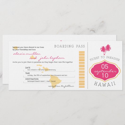 Boarding Pass to Hawaii Wedding Invitation Kaart (Voorkant / Achterkant)