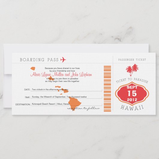 Boarding Pass to Hawaii Wedding Invitation Kaart (Voorkant)