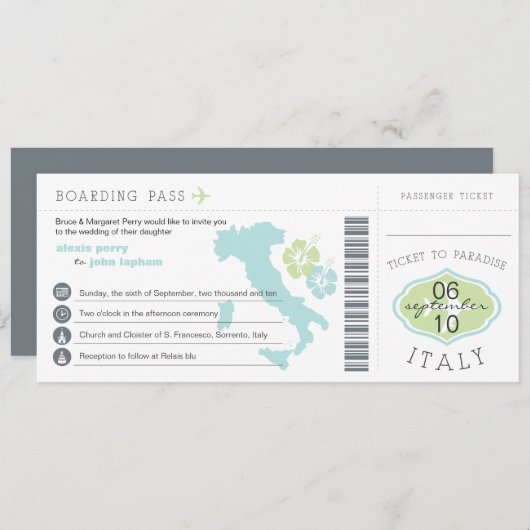 Boarding Pass to Italy Wedding Invitation Kaart (Voorkant / Achterkant)