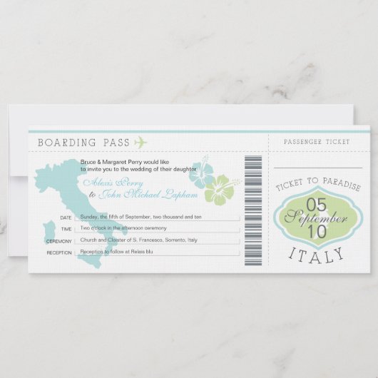 Boarding Pass to Italy Wedding Invitation Kaart (Voorkant)