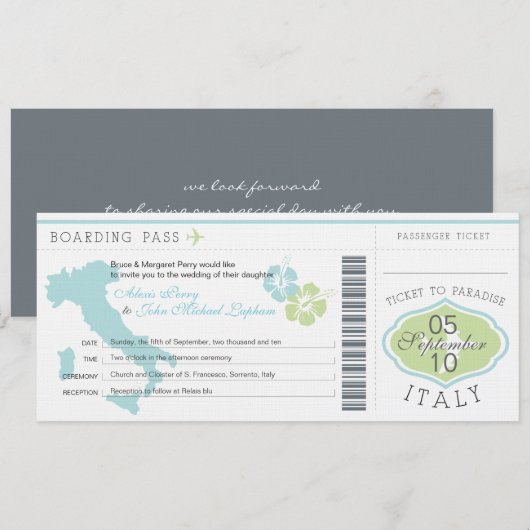 Boarding Pass to Italy Wedding Invitation Kaart (Voorkant / Achterkant)