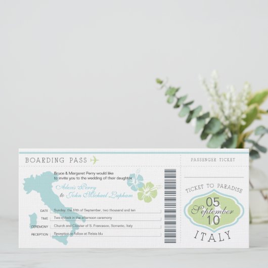 Boarding Pass to Italy Wedding Invitation Kaart (Staand voorkant)