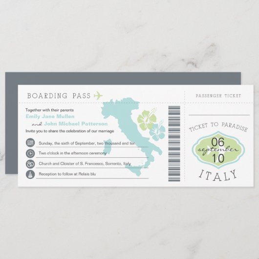 Boarding Pass to Italy Wedding Invitation Kaart (Voorkant / Achterkant)