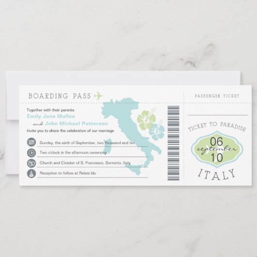 Boarding Pass to Italy Wedding Invitation Kaart (Voorkant)