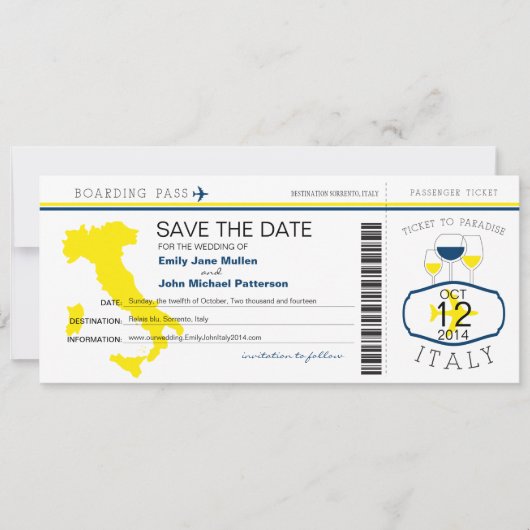 Boarding Pass to Italy Wedding Invitation Kaart (Voorkant)