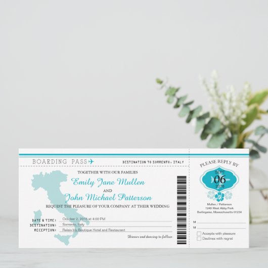 Boarding Pass to Italy Wedding Invitation Kaart (Staand voorkant)