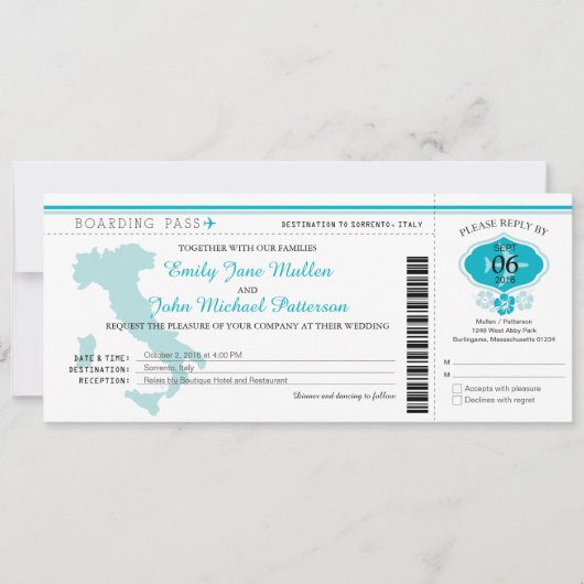 Boarding Pass to Italy Wedding Invitation Kaart (Voorkant)