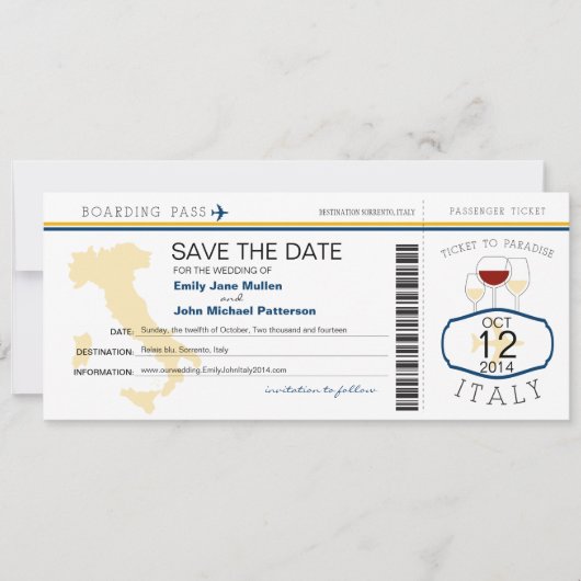 Boarding Pass to Italy Wedding Invitation Save The Date (Voorkant)