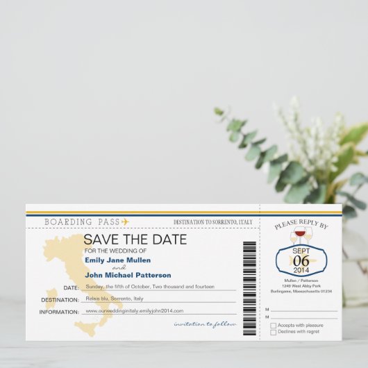 Boarding Pass to Italy Wedding Invitation Save The Date (Staand voorkant)