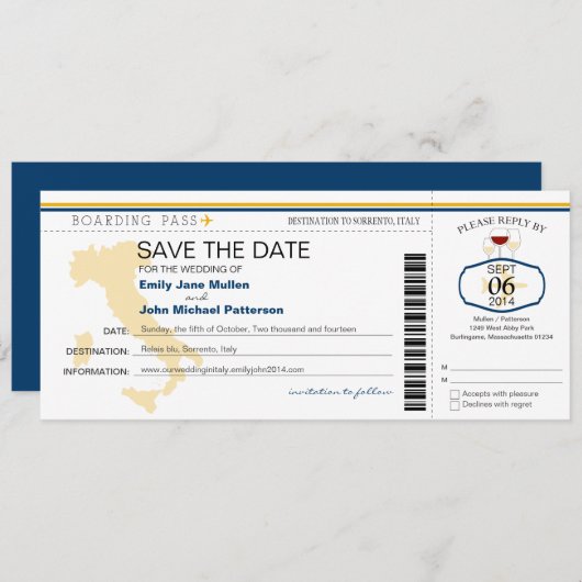 Boarding Pass to Italy Wedding Invitation Save The Date (Voorkant / Achterkant)