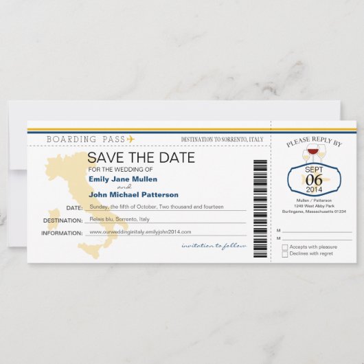 Boarding Pass to Italy Wedding Invitation Save The Date (Voorkant)