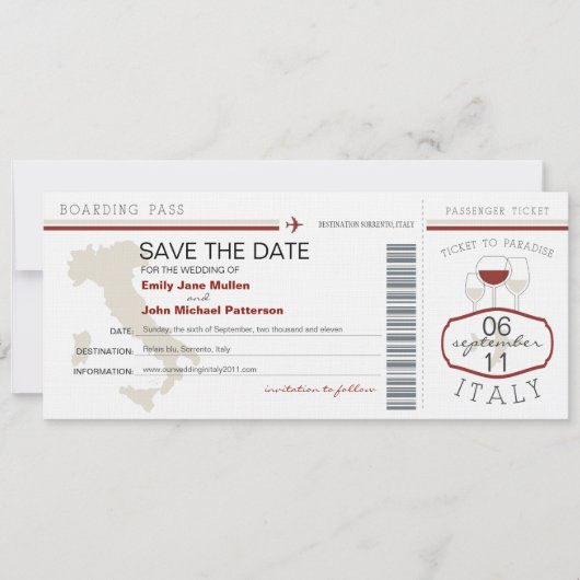 Boarding Pass to Italy Wedding Invitation Save The Date (Voorkant)